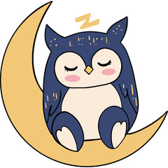 Sleeping owl on a crescent moon with a peaceful expression.