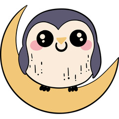 Cute cartoon owl sitting on a crescent moon, smiling happily.