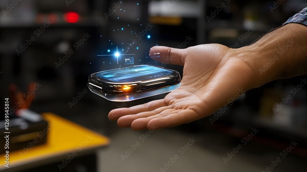 Poster precise view of a human hand accessing and interacting with advanced holographic digital interface f