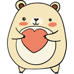 Cute bear holding a heart in a playful cartoon style.
