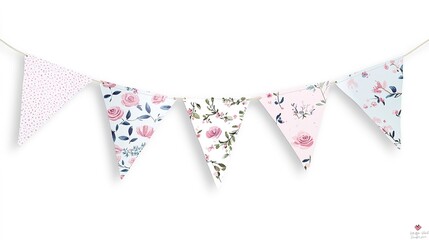 Party bunting flags in a straight line, bringing fun and joy to any celebration, isolated on white background.    