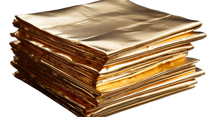 Golden Sheets Stack Elegant Metal Foil Texture, Shiny Luxury Background Design, isolated on transparent background.