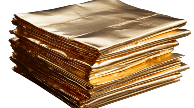 Golden Sheets Stack Elegant Metal Foil Texture, Shiny Luxury Background Design, isolated on transparent background.