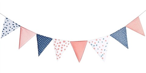 Obraz premium Festive straight-line banner with vibrant bunting flags, ideal for celebrations, set on a white background. 