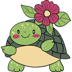 Cute turtle with a flower and leaves on its shell, smiling cheerfully.
