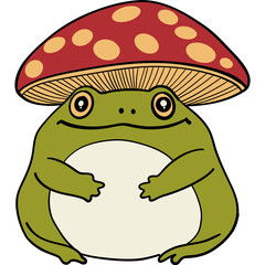 Frog with a mushroom cap illustration in a playful design.
