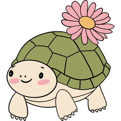 Cute cartoon turtle with a flower on its shell, smiling joyfully.