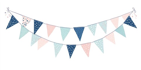 Fototapeta premium Festive straight-line banner with vibrant bunting flags, ideal for celebrations, set on a white background. 