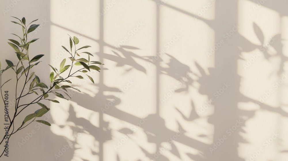 Poster Sunlight filters through a window, casting delicate shadows of leaves onto a smooth beige wall. This serene moment conveys a sense of calmness and simplicity