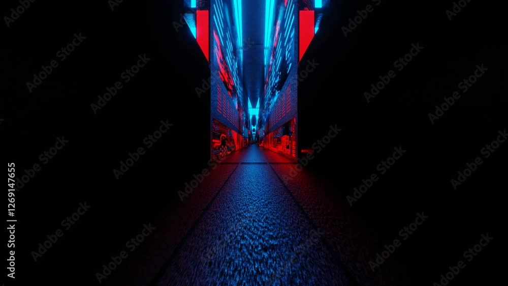 Aufkleber endless forward movement inside gloomy dark fantasy corridor with flashing red and blue lights. 3d r