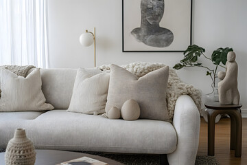 Modern living room with neutral tones, textured accents, and sculptural decor. A serene space designed for relaxation.