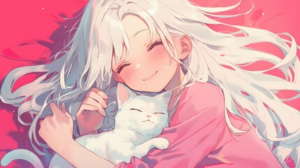 A beautiful anime woman with long white hair, smiling and lying in bed next to her fluffy cat that is sleeping on the side of its head, Generative AI