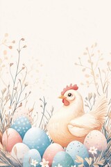 A charming white hen sitting among pastel-colored Easter eggs and delicate flowers, creating a warm and festive springtime atmosphere