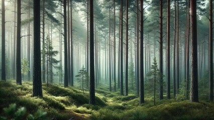 Obraz premium 4K Pine Forest Surrounded By Light Mist in The Morning, Widescreen 4K Resolution