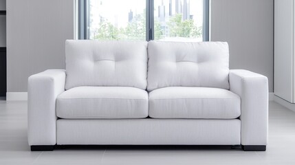 Modern white sofa in bright living room, city view