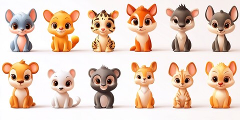 Fototapeta premium Playful 3D baby animal set, featuring multiple species, perfect for digital use, isolated on white background 