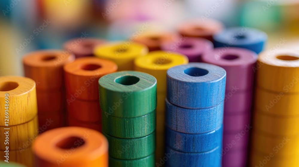 Poster a collection of vibrant wooden spools photographed in close-up, ideal for use in craft or diy projec