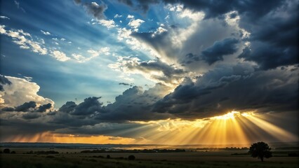 Photorealistic sunbeams piercing through storm clouds with a dramatic golden glow