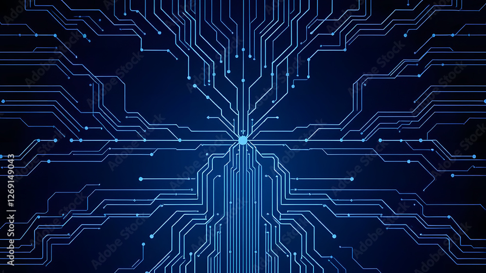 Poster a blue circuit board pattern showcases intricate electronic pathways and microchips, embodying the c