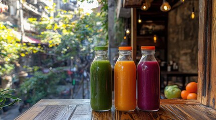 Three glass bottles filled with vibrant juices, green, orange, and purple, displayed on a wooden table against a rustic background in an outdoor setting.