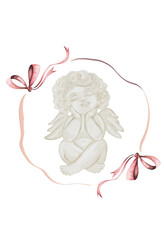 Watercolor cherub angel cupid in a frame of bows. Hand drawn little boy in pastel colors on a white background. Clip art religious. Perfect for Valentine's Day and Christening cards and posters