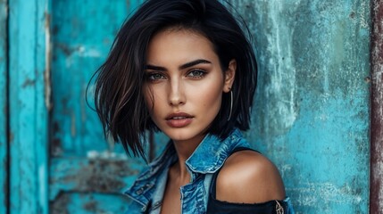 Fototapeta premium Edgy portrait of woman in denim against turquoise wall. Suitable for urban fashion, street style, and contemporary beauty content