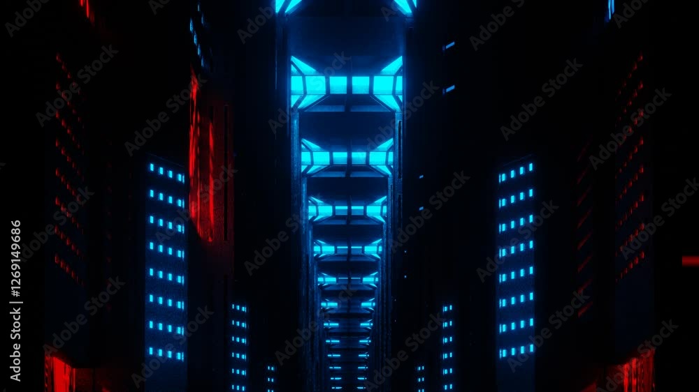 Aufkleber endless forward movement inside gloomy dark fantasy corridor with flashing red and blue lights. 3d r