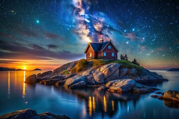Secluded Island House at Night, Starry Sky, Ocean View