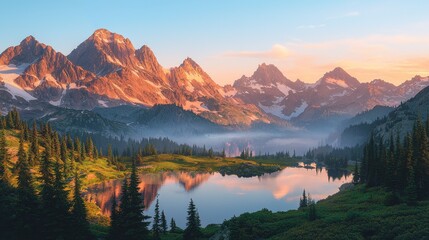 Majestic Mountain Lake at Sunrise, A Breathtaking Panorama