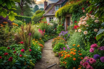 Naklejka premium Secret Garden Path: Blooming Flowers & Vintage House - Urban Exploration Photography