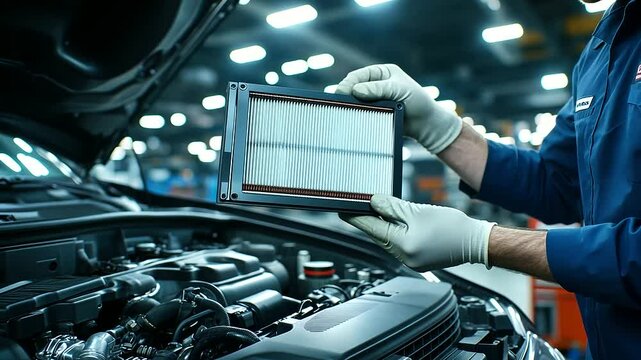 A close-up shot of a mechanic's hands in gloves, holding a clean air filter ready for installation, with the open engine bay of a vehicle and workshop lights in the background