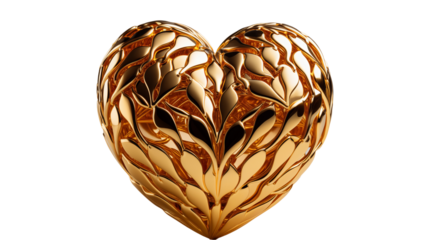 Golden Heart Ornate Floral Design, Elegant 3D Render for Luxury Themes, isolated on transparent background.
