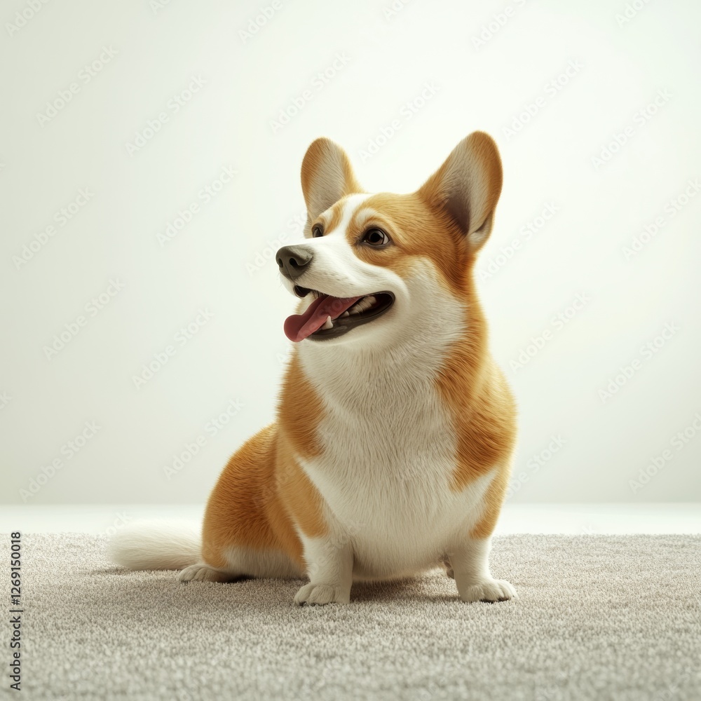 Poster 3d rendering of a welsh corgi sitting on a soft carpet