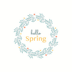 A spring minimalist illustration featuring a delicate wreath of branches, small flowers, and hearts surrounding the phrase “Hello Spring.” Perfect for greeting cards, designs, and spring promotions.