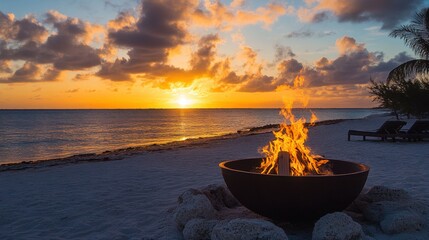 A burning fire pit on the beach with a sunset in the background.