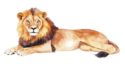Obraz premium Watercolor lion illustration in a safari theme, flat style, isolated on a white background. 
