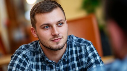 Obraz premium Friendly startup founder in casual setting during team meeting. Perfect for entrepreneurship, modern workplace culture, and authentic leadership