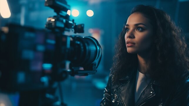 Female cinematographer with professional camera in night setting. Ideal for film industry, creative professionals, and women in media