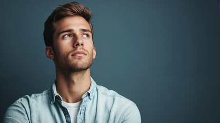 Obraz premium Thoughtful young professional against studio background. Suitable for corporate headshots, personal branding, and modern workplace content