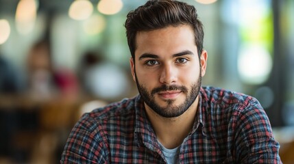Fototapeta premium Friendly Mediterranean man in plaid shirt at cafe. Perfect for casual lifestyle, urban culture, and authentic portraiture content