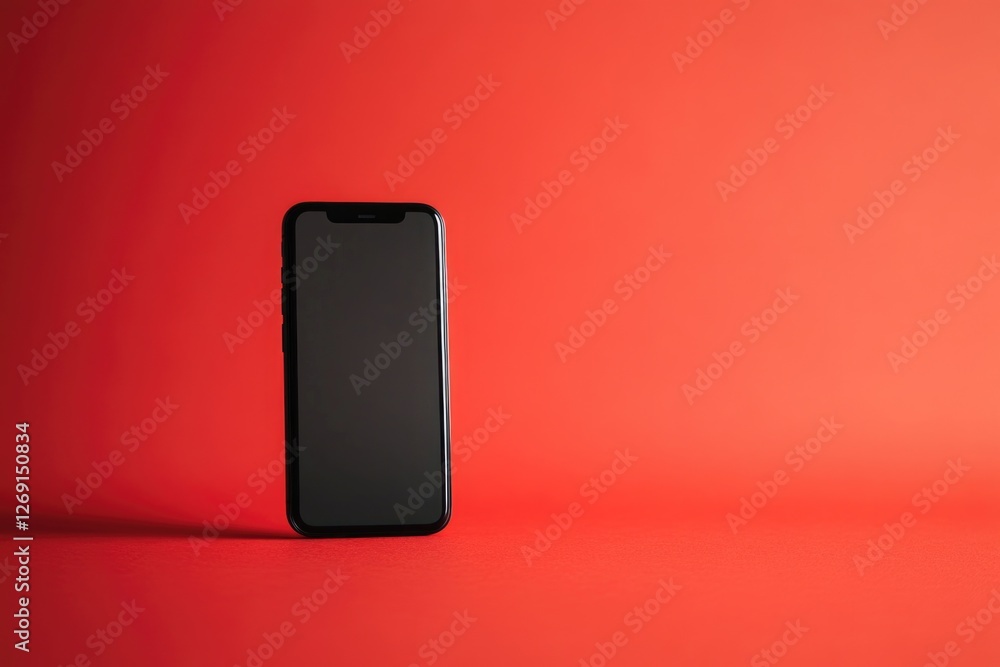 Poster A close-up of a black cell phone on a red surface, ideal for use in technology and design concepts