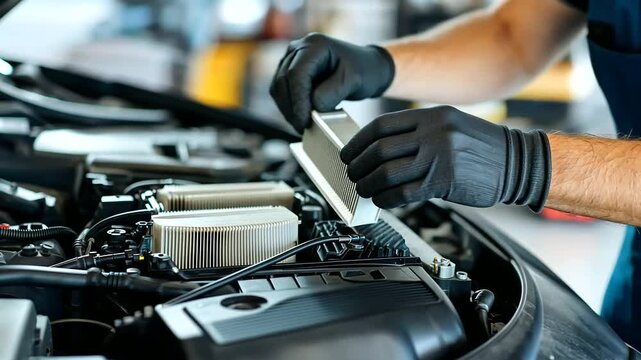 A young mechanic wearing protective gloves, focused on replacing a car air filter, with the hood of a modern sedan open in a bright