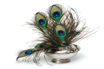Obraz premium A decorative silver bowl filled with vibrant peacock feathers