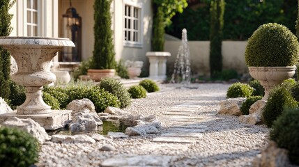 A luxurious rock garden design with polished marble stones, sculpted bushes, and a serene water feature.