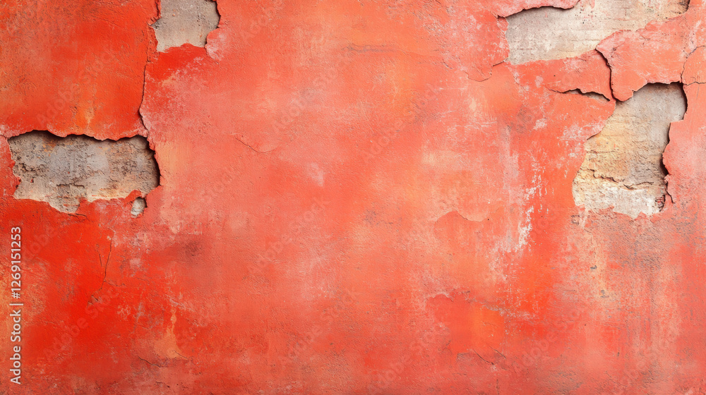 Poster bohemian background, textured red wall with peeling patches and visible wear, creating a rustic back