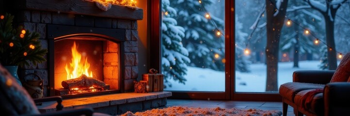 Cozy fireplace with glowing embers, snowy window view, winter scene, comfort