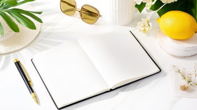 Open notebook with pen and sunglasses on bright white table with lemon and flowers