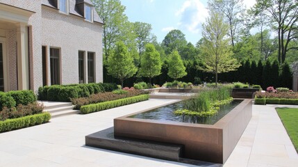 A minimalist backyard garden with a water feature, large stepping stones, and a peaceful ambiance.