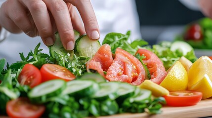 Chef preparing fresh vegetable salad with cucumbers and tomatoes