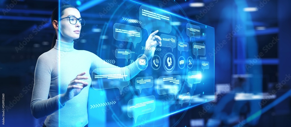 Poster ai-powered chatbot and digital communication interface technology concept.